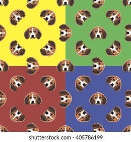 Dog red, yellow, blue and green vector background. Seamless pattern. 4 in 1.
