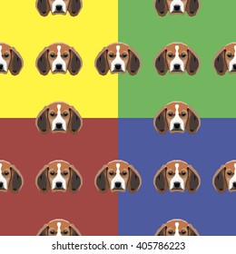 Dog red, yellow, blue and green vector background. Seamless pattern. 4 in 1.