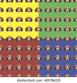 Dog red, yellow, blue and green vector background. Seamless pattern. 4 in 1.
