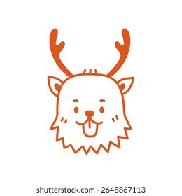 Dog Reindeer Face. Hand drawn doodle of a puppy face with antlers, festive and funny Christmas Holiday Character. Vector illustration