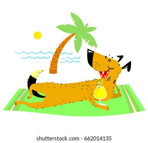Dog resting on the beach with a glass of cocktail. Summer pet with water waves and palm and sun. Vector illustration on vacation theme 