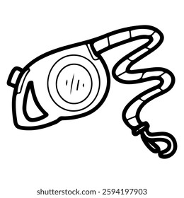Dog retractable leash. Hand drawn doodle. Walking a pet. Animal accessory. Textile rope with automatic reel. Vector line art illustration.