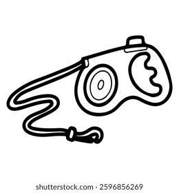 Dog retractable leash. Hand drawn doodle. Walking a pet. Animal accessory. Textile rope with automatic reel. Vector line art illustration.