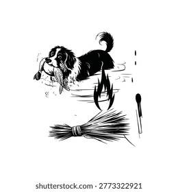 Dog retrieving fish black and white illustration on white background