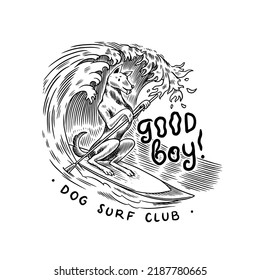 The dog rides on a surfboard on the sea waves. Summer surf sign. California card. Vintage hand drawn engraved sketch, emblem.