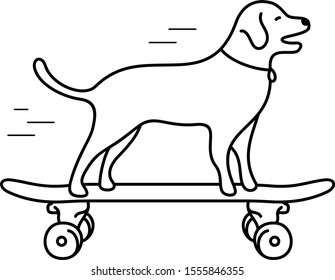 Dog rides a skateboard. Vector outline icon.