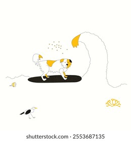 A dog rides a wave on its surfboard. Summer beach outdoor sport. Cute character. Doodle style. Vector illustration.