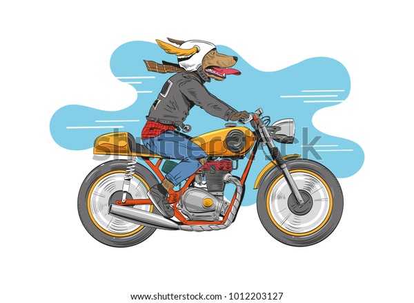 犬は古典的なバイクに乗っている 手描きのベクトルイラストデザインコンセプト のベクター画像素材 ロイヤリティフリー