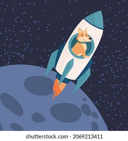 Dog Riding Rocket To Moon concept. Increase in value of dogecoin in stock market. Animal in outer space. Metaphor for successful investment in crypto currency. Cartoon flat vector illustration