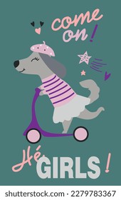 dog riding scooter happy vector print