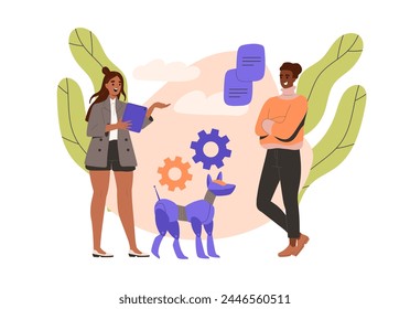 Dog robot concept. Man and woman near coghweels and gears at puppy. Artificial intelligence and machine learning. Modern technologies and innovations. Cartoon flat vector illustration