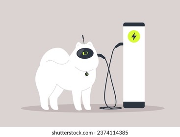 A dog robot efficiently connects itself to an electric car charging station, seamlessly replenishing its battery with the available electricity