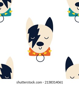 Dog rock star animal seamless pattern. Hand drawn colorful doodle cartoon character in rock accessories. Ideal for baby clothes, textiles, wallpaper, wrapping paper