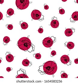 dog rose flower Vector outline floral seamless pattern. Hand draw eco. Abstract nature background. Contour ornament for print cup, textile, wallpaper, banner, wrapping, web, scrapbook, cover,cafe menu
