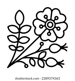 Dog rose icon. Blooming wildrose with leaves and rosehip. Medicinal plant sign. Botanical icon for a label, herb shop, supplements, extracts. Editable thin line. Minimalist illustration 