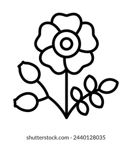 Dog rose icon. Blooming wildrose with leaves and rosehip. Botanical icon for a label, shop, supplements. Editable stroke, thin line