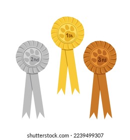 Hunderosetten für den 1., 2., 3. Platz. Gold-, Silber-, Bronze-Preise von Band. Erstens, zweitens, dritter Wiiner Plätze. Cartoon, flach. Einzige Vektorgrafik-Pen