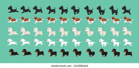 Dog Rottweiler Saluki Standard Poodle Great Dane Saint Bernard Walking Running Cartoon Vector Set
