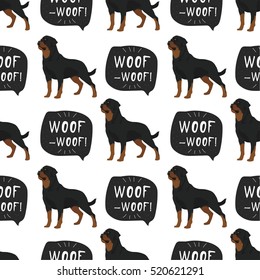 Dog Rottweiler  seamless pattern colorful with hand drawn banner woof-woof