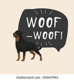 Dog Rottweiler vector illustration colorful with hand drawn banner woof-woof