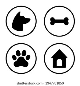 Dog Round Icons Set. Dog head, paw, bone, dog house. Vector