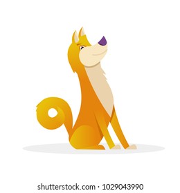 Dog rounds its tail sitting vector flat illustration. Dog cartoon character isolated on white background.