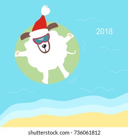 a dog in a rubber ring in the sea. top view. Symbol of the year 2018. Happy New Year and Merry Christmas! Greeting card. Vector illustration.