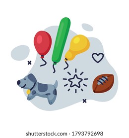 Dog, Rugby Ball, Colorful Balloons Children Toys Set, Kids Game Various Objects Cartoon Vector Illustration