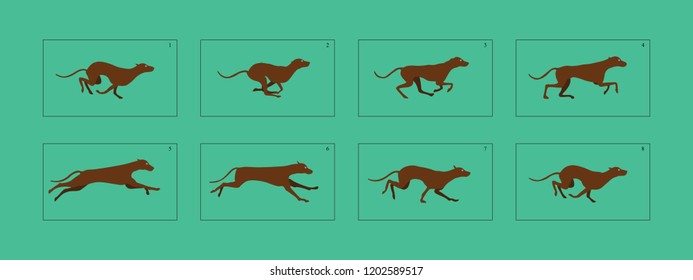 Dog run  cycle animation sprite sheet. Dog running animation . dog different movements with Actions, Speed. Simple cartoon style Side view Flat Vector design