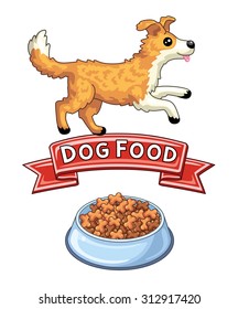 Dog running above a red ribbon banner and a bowl with pet food.