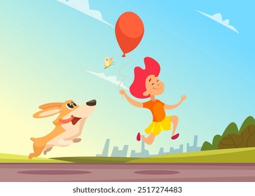 dog running. best friends girl running with red balloon and little puppy jumping to butterfly on vector cartoon landscape