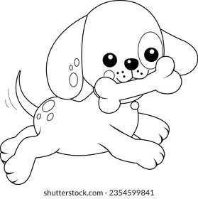 Dog running with a bone. Vector black and white coloring page.