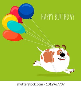 Dog running with colorful air balloons birthday greeting card, vector illustration