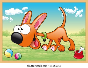 Dog is running in meadow with his toys