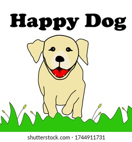 A Dog running on green grass with a word "Happy Dog" , flat vector design