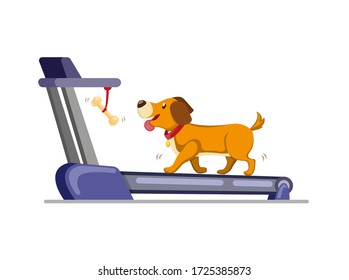 dog running in treadmill to get bone. training dog to run or walk in home. cartoon flat illustration vector isolated in white background