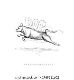 dog running vector in an abstract hand drawn style, illustration of a black and white animal