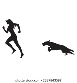 A dog runs after a woman. vector silhouettes.
