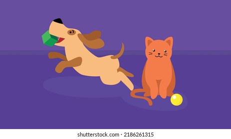 The dog runs with a cube in its mouth and the cat next to the ball