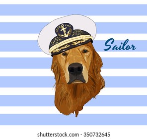 Dog a sailor in the captain's hat, nautical poster,furry art, hand drawn illustrations of animals