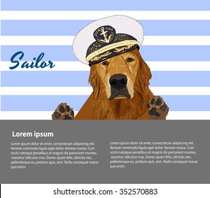 Dog a sailor in the captain's hat, nautical poster,furry art, hand drawn illustrations of animals