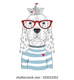 dog sailor, nautical poster, hand drawn illustration of animal, textile design, isolated on white