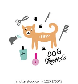 Dog salon grooming tools with shiba inu art. Vector hand drawn illustration, doodle style. Good for poster and banner. Isolated on white background.