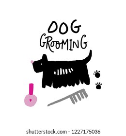 Dog salon grooming tools. Vector hand drawn illustration, doodle style. Good for poster and banner. Isolated on white background.