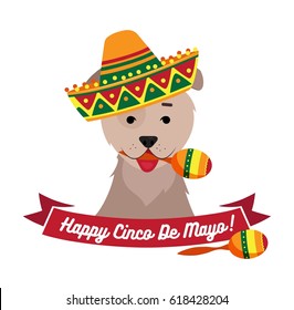 Dog in sambrero holding maracas with mouth. Cinco de Mayo day funny background. Vector flat illustration