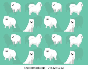 Dog Samoyed Cartoon Cute Various Poses Seamless Wallpaper Background