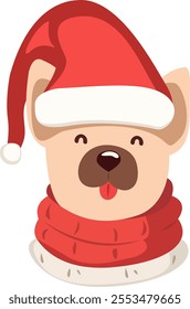 Dog in Santa Claus hat. Bulldog in red scarf and colorful Christmas hat. Vector illustration of domestic puppy ready for holiday. New Year and Christmas concept. Cute happy puppy