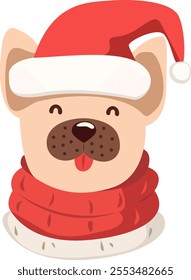 Dog in Santa Claus hat. Bulldog in red scarf and colorful Christmas hat. Vector illustration of domestic puppy ready for holiday. New Year and Christmas concept. Cute happy puppy