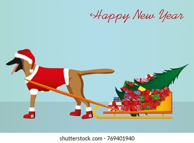 A dog in a Santa Claus hat carries a sleigh with gifts and a Christmas tree for the Christmas holiday. Sheepdog Malinois. Vector. Greeting card or invitation for the new year. Symbol 2018.
