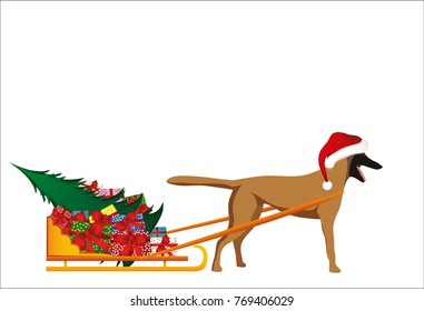 A dog in a Santa Claus hat carries a sleigh with gifts and a Christmas tree for the Christmas holiday. Sheepdog Malinois. Vector. Greeting card or invitation for the new year. Symbol 2018.